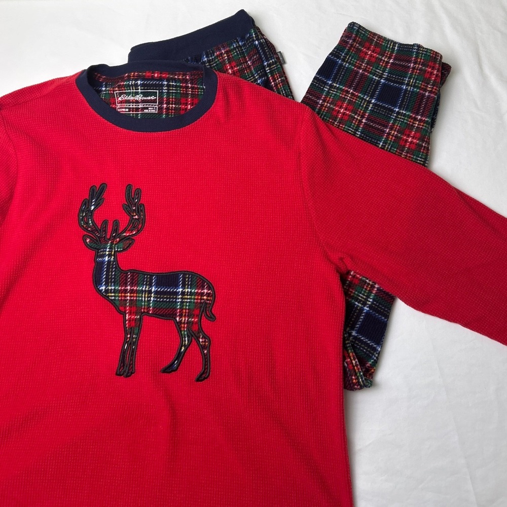 Eddie Bauer Mens Plaid Stag Waffle Knit Pajama Set Size L Red Winter Sleepwear